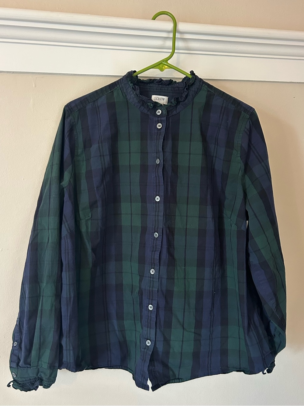 J. Crew Factory Black Watch Plaid Ruffle Collar and Sleeve Button-Up Shirt
